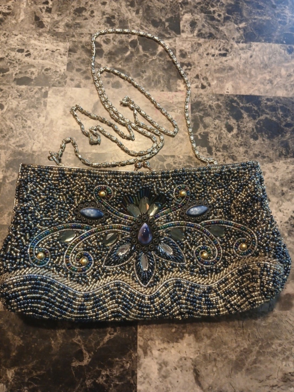 Beaded Evening Clutch Bag in Blue and Silver